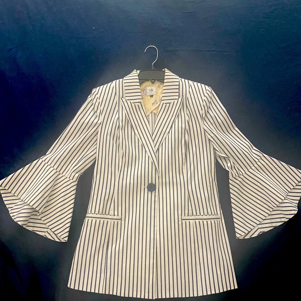 Cabi blue & white stripe bell sleeve blazer